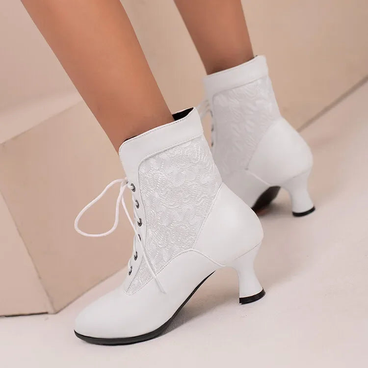 Women Victorian Ankle Boots Leather Lace Heel Shoes for women  Fashion Lace Up Spliced Ladies High Heels Woman Boots Ankle 46