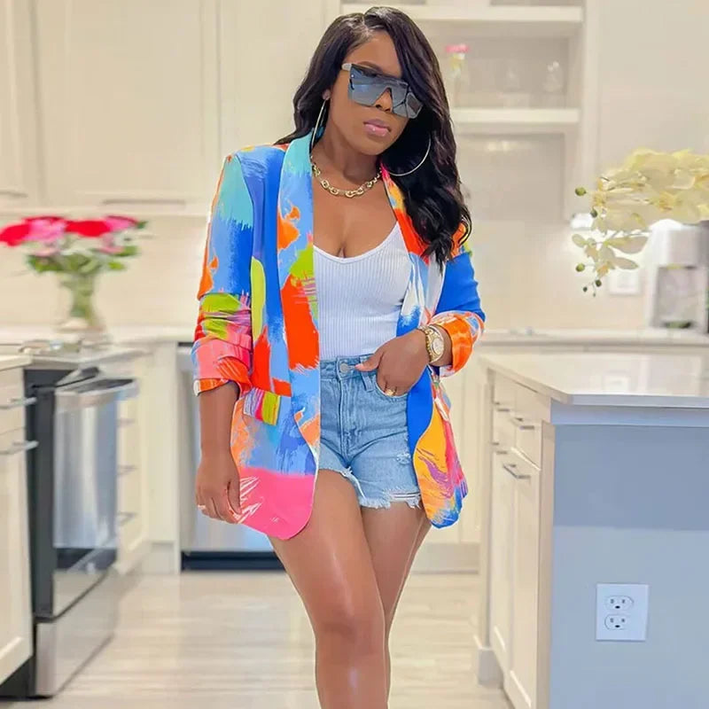 Streetwear Tie Dye Print Blazer Coat for Women Jacket 2023 Elegant Blazers Ladies Outerwear Stylish Y2K Tops Casaco Feminino