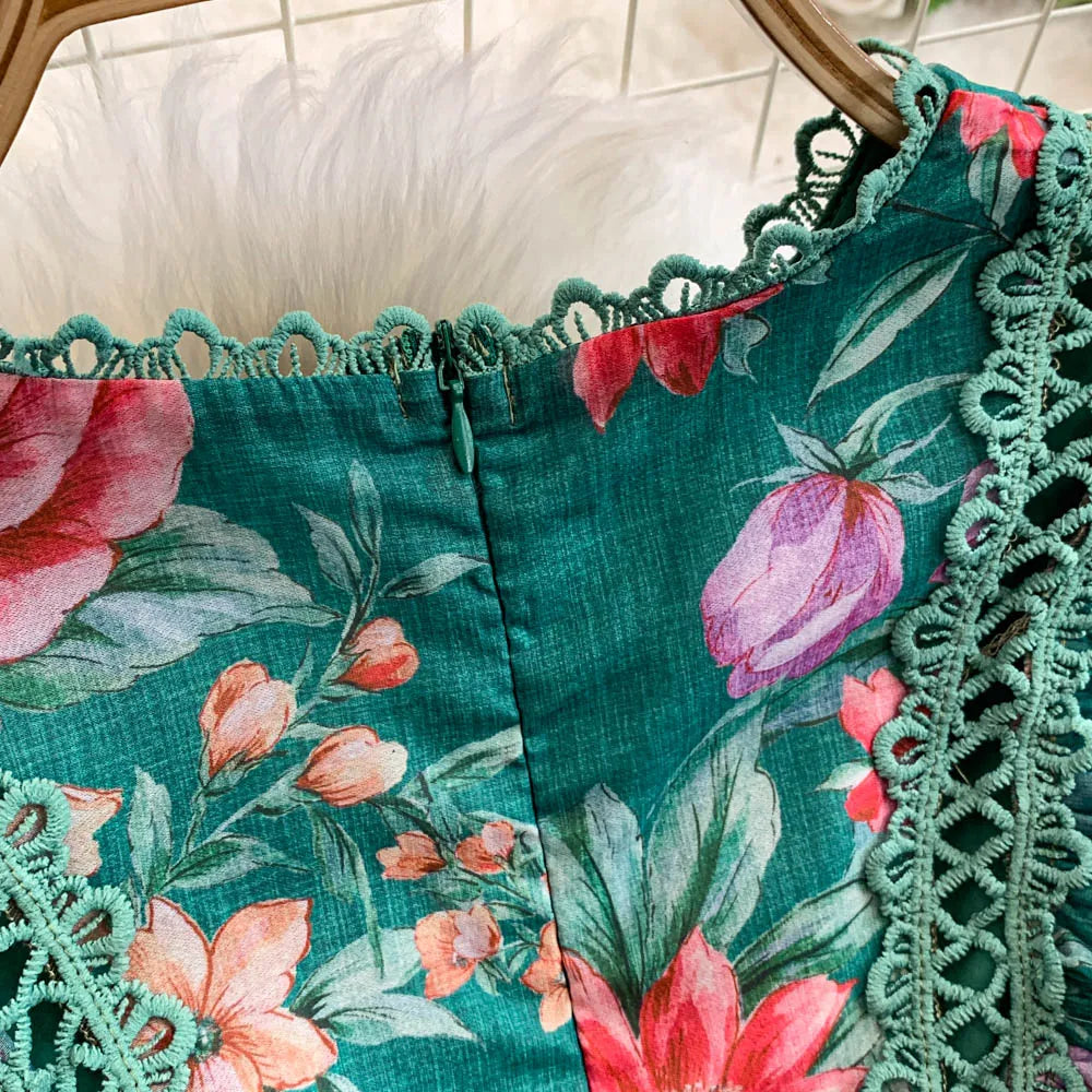 Ele Lace Splice Waist Cinching Long Dr Korean Sle Print Blouse Svel Midi Skirt High Waist A-Line Silhouette