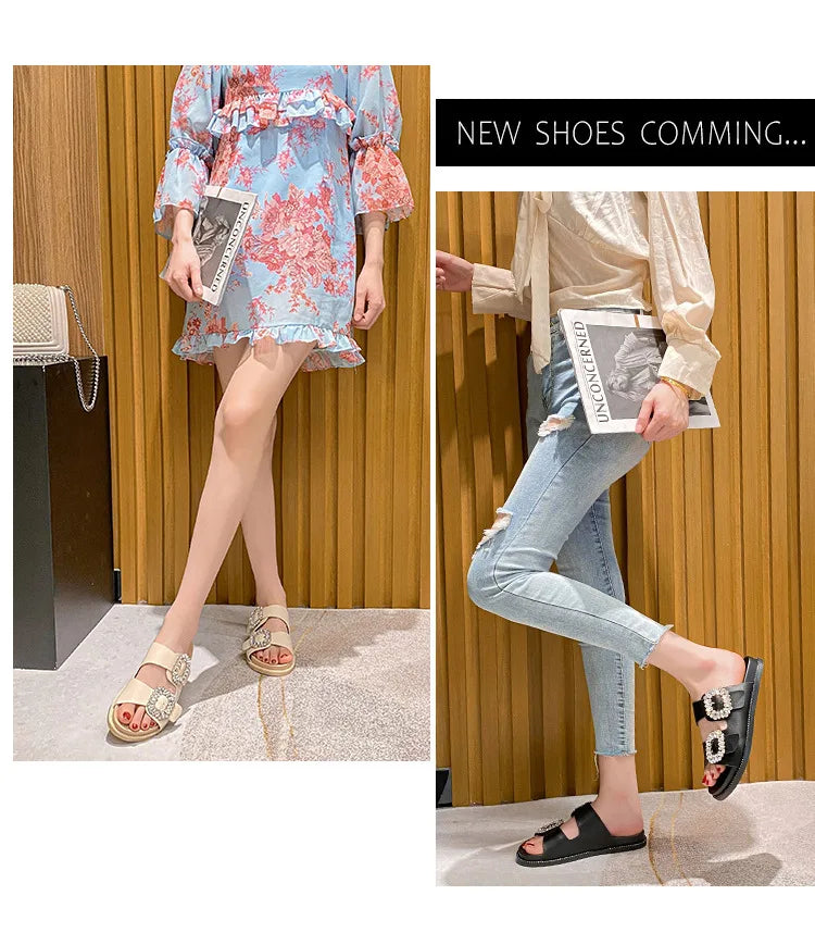 2025 Brand Rhinestone Buckle Sandals Women Double Band Slippers Crystal Shoes Ladies Casual Slides Slip On Flat Heels Flip Flops