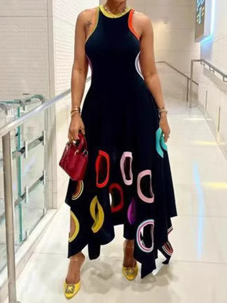 Women's Circle Hollow Out Tank Dress Round Neck Asymmetric Hem Pleated A-Line Casual Elegant Sleeveless High Street Sexy Dress