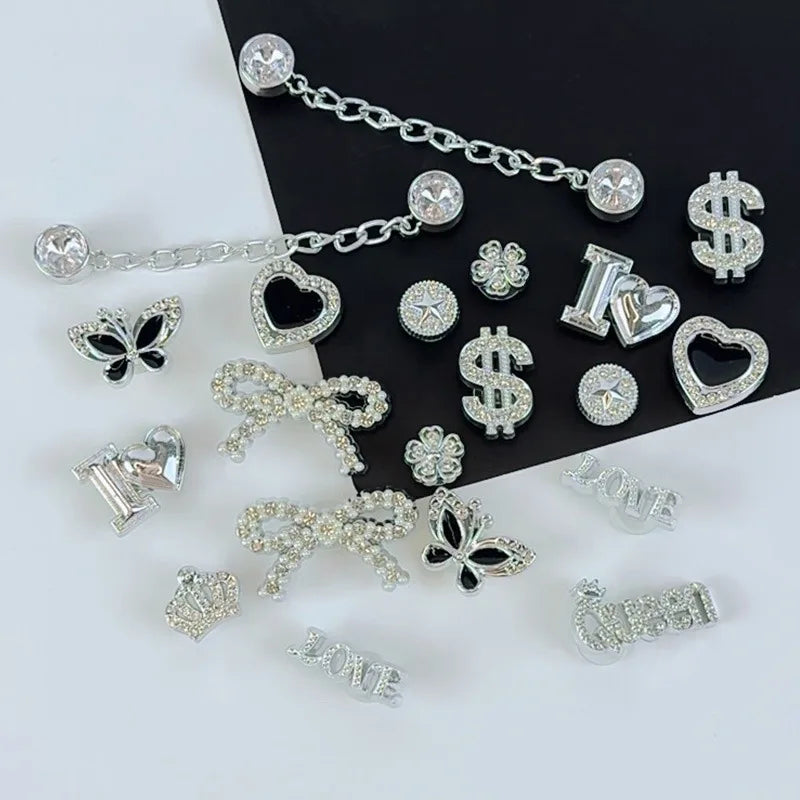20PCS Fashion Shoe Charms Set Accessories Hole Shoe Buckle Silver Rhinestone Letter Bow Chain DIY Shoes Decorations for Bogg Bag