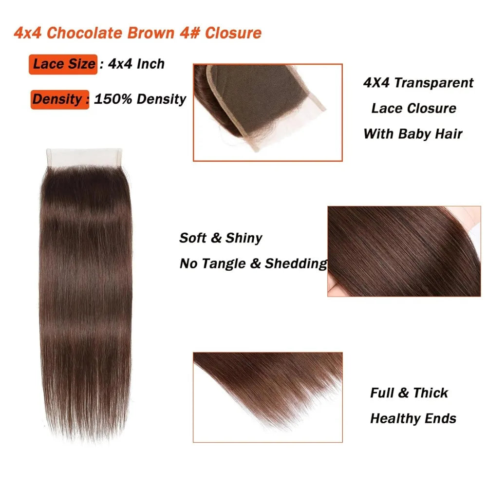 Brown Closure 4x4 Free Part Chocolate Brown #4 Color Straight Wave Closure 100% Human Hair Extensions Pre-plucked Remy 150%