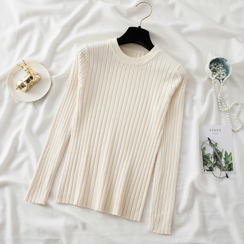 Autumn Winter 2025 Tops Pullovers Women Sweaters Knit Soft Jumper Tops O-Neck Ribbed Long Sleeve Korean Slim-fit Female Sweater