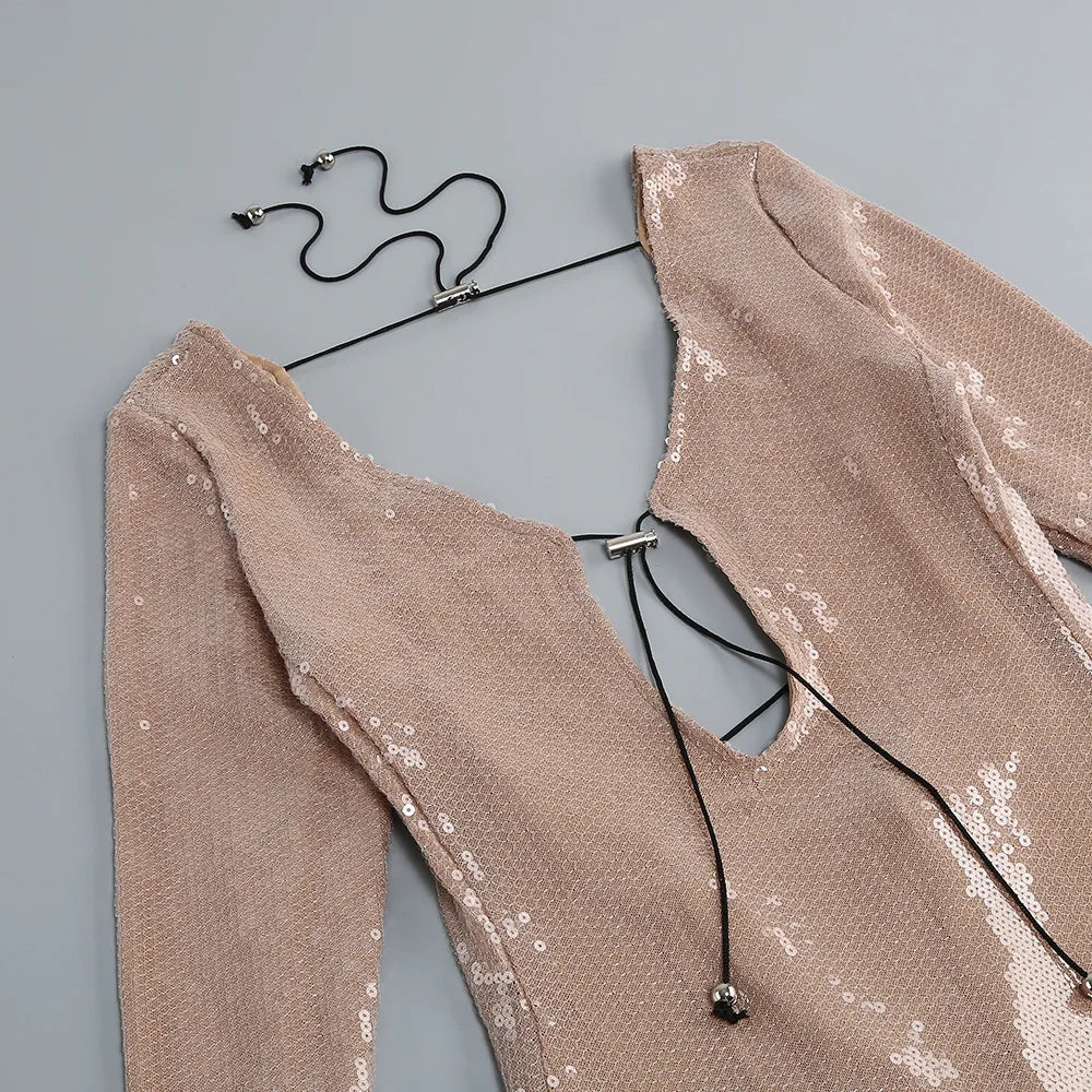 Luxury celebrity vacation photography nightclub evening gown sexy solid color sequin banquet long sleeved dress