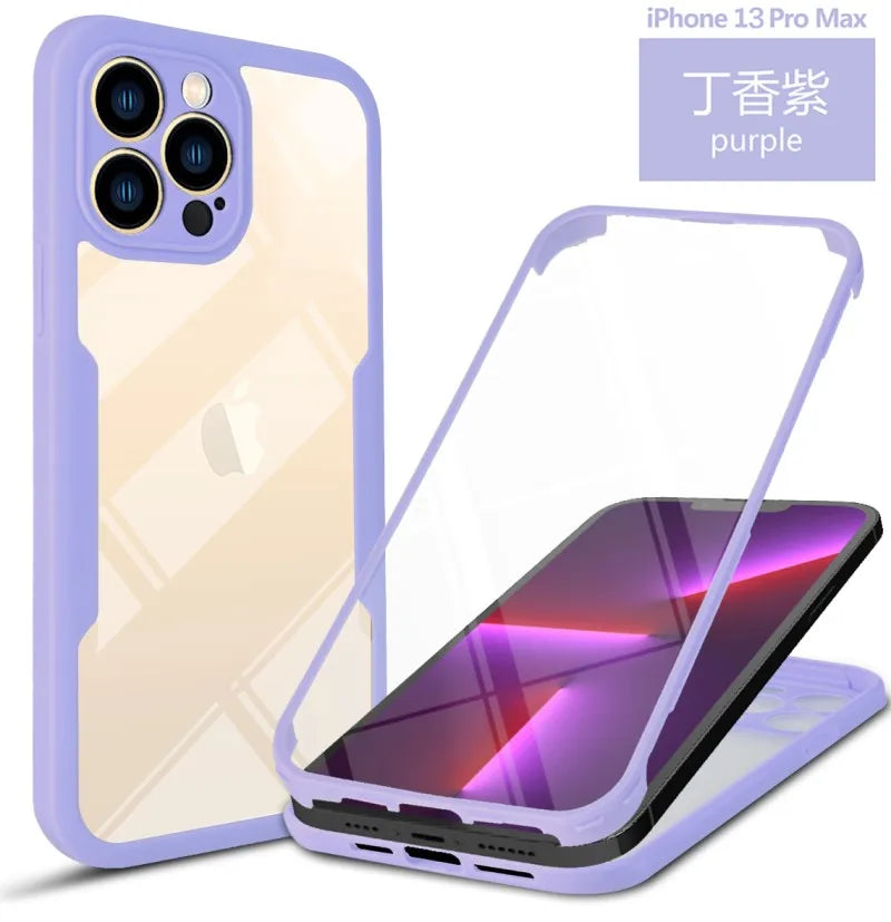 360 Full Protection Transparent Phone Case For iPhone 14 Plus 13 12 11 15 Pro XS Max X Soft Front Film+Rear Hard PC Bumper Cover