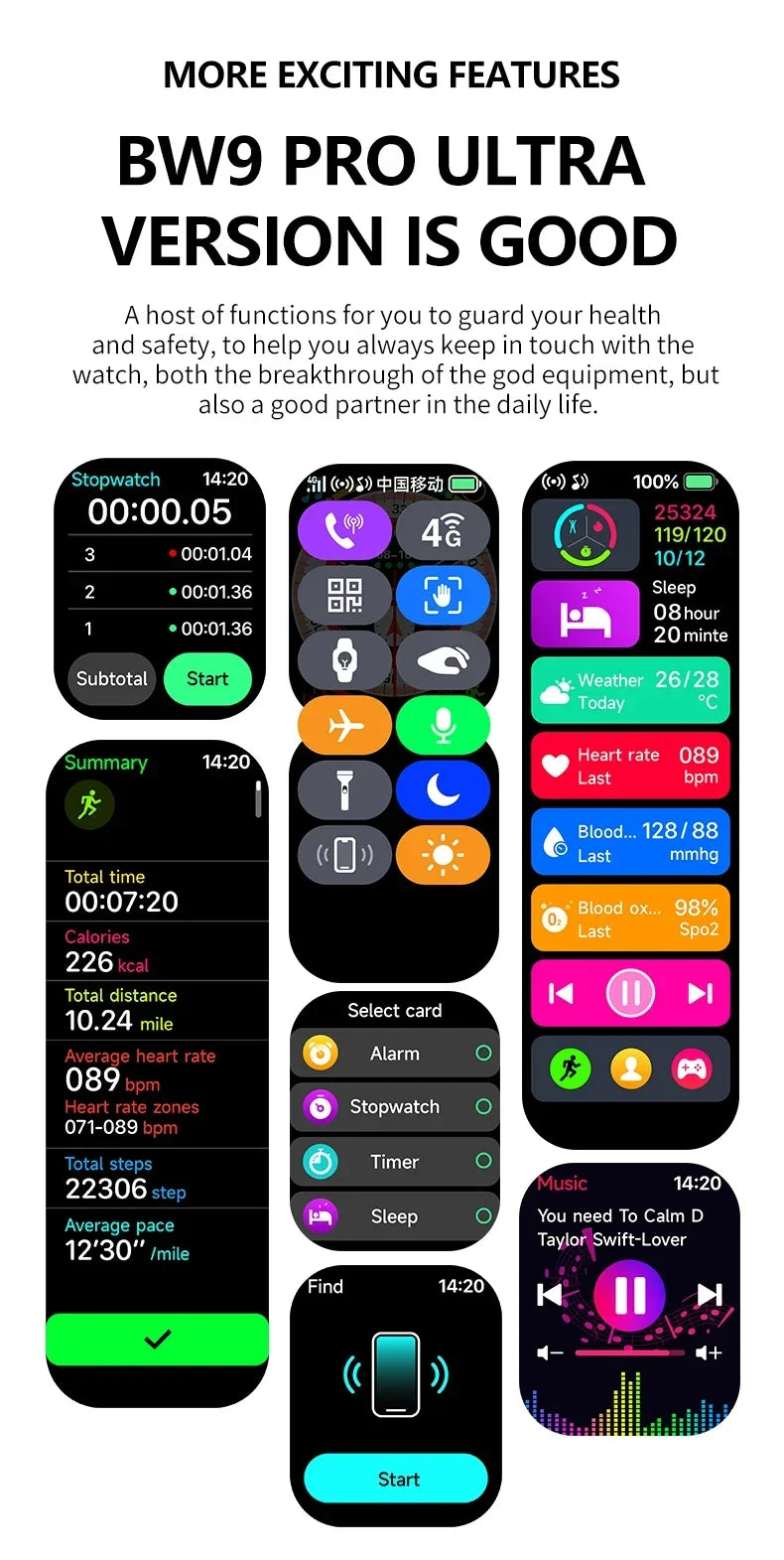 2025 BW9 Smartwatch SIM Card Bluetooth Calling 2.01-inch Screen Telescopic Camera Full Network Coverage Step Counting Recording