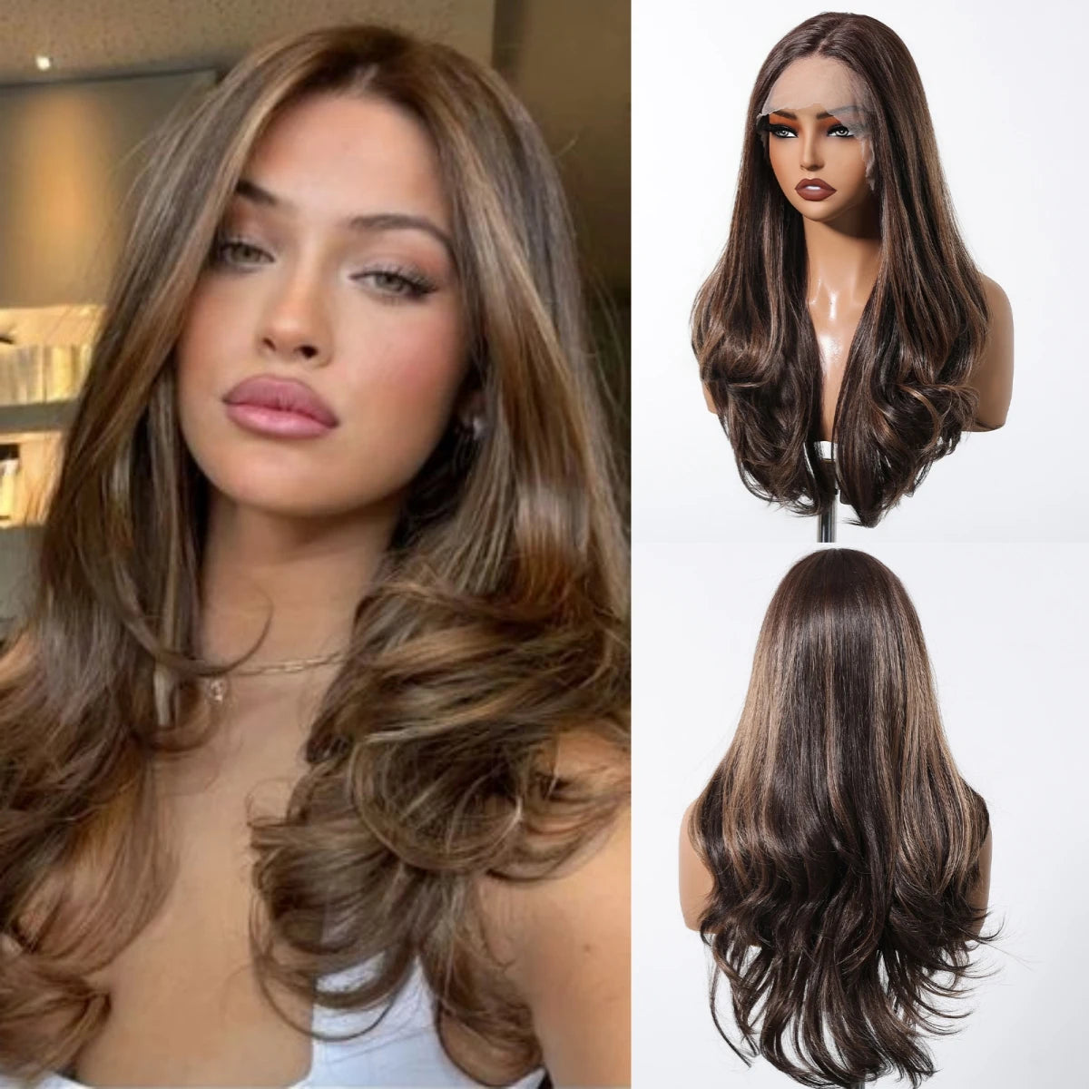 HD 13x6 Lace Frontal Wigs Ombre Brown Synthetic  Hair Long Straight Wigs Daily Use Party Wig for White Women Heat Resistant