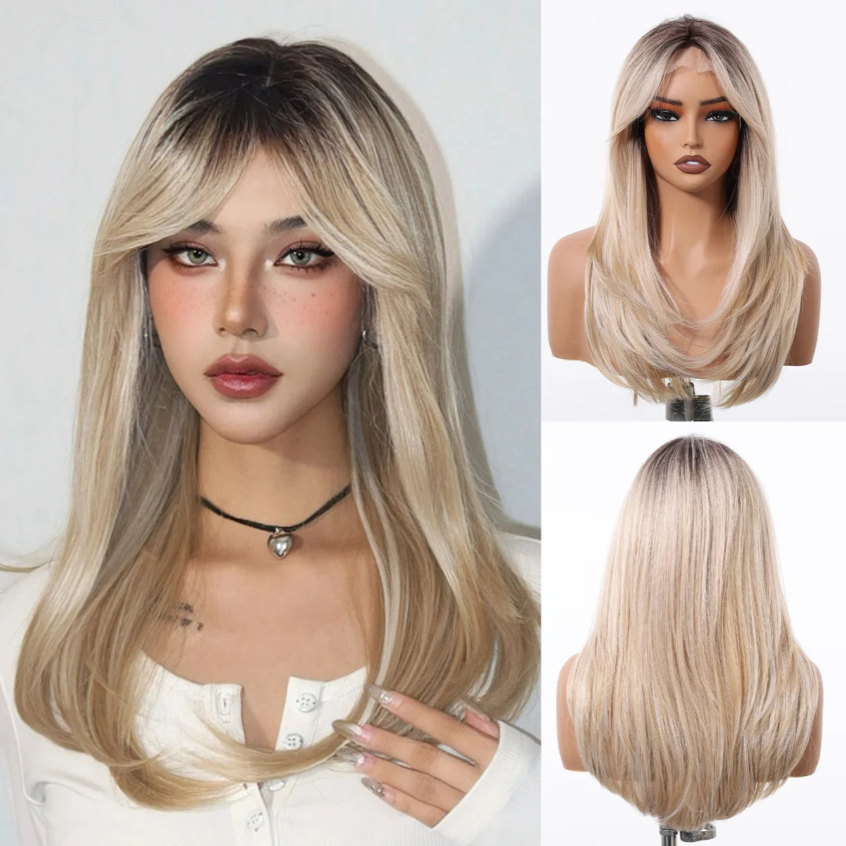 HD 13x6 Lace Frontal Wigs Ombre Brown Synthetic  Hair Long Straight Wigs Daily Use Party Wig for White Women Heat Resistant