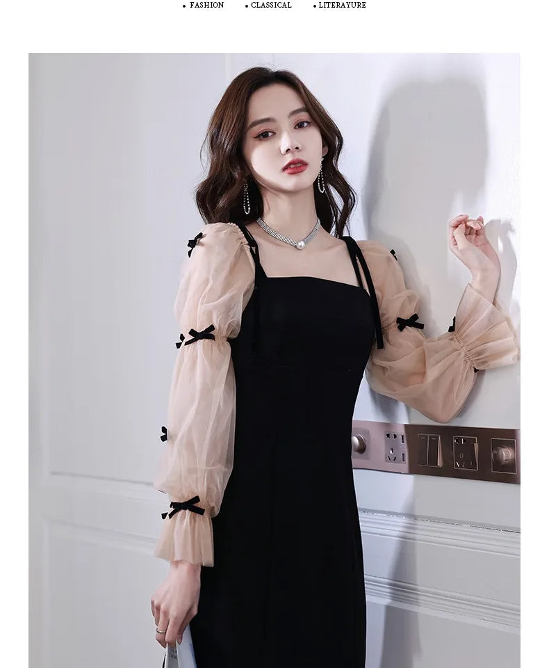 Flare Sleeve Evening Dress for Women Black Elegant Bow Mesh Patchwork Luxury Temperament Famous Lady Aesthetic Платье Женское