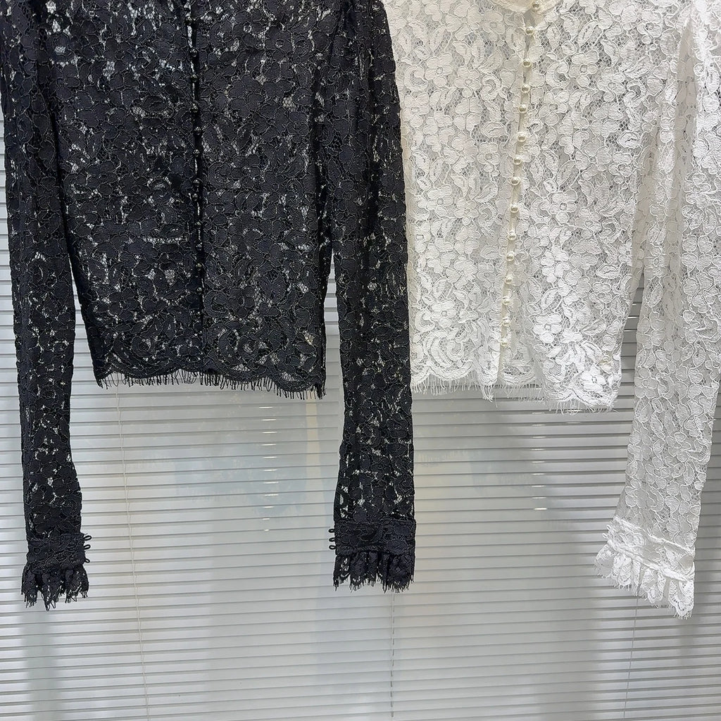 KTCZ Solid Spliced Lace Hollow Out Blouse For Women Long Sleeve Single Breasted Patchwork Print Minimalist Chic Blouse Female