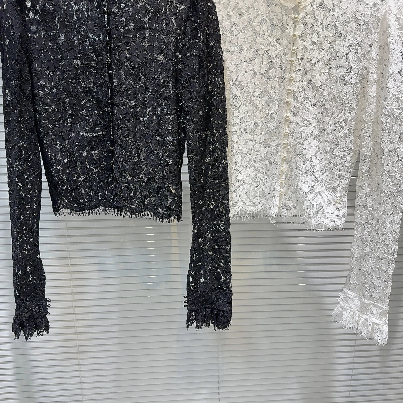 KTCZ Solid Spliced Lace Hollow Out Blouse For Women Long Sleeve Single Breasted Patchwork Print Minimalist Chic Blouse Female