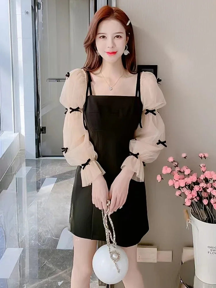 Flare Sleeve Evening Dress for Women Black Elegant Bow Mesh Patchwork Luxury Temperament Famous Lady Aesthetic Платье Женское