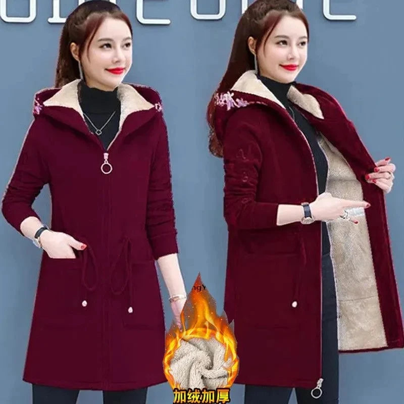 Plus Velvet Thick Lamb Plush Jacket Women 2025 New Autumn Winter Parkas Lace-Up Of Hooded Loose Long Embroid Trench Coat Female