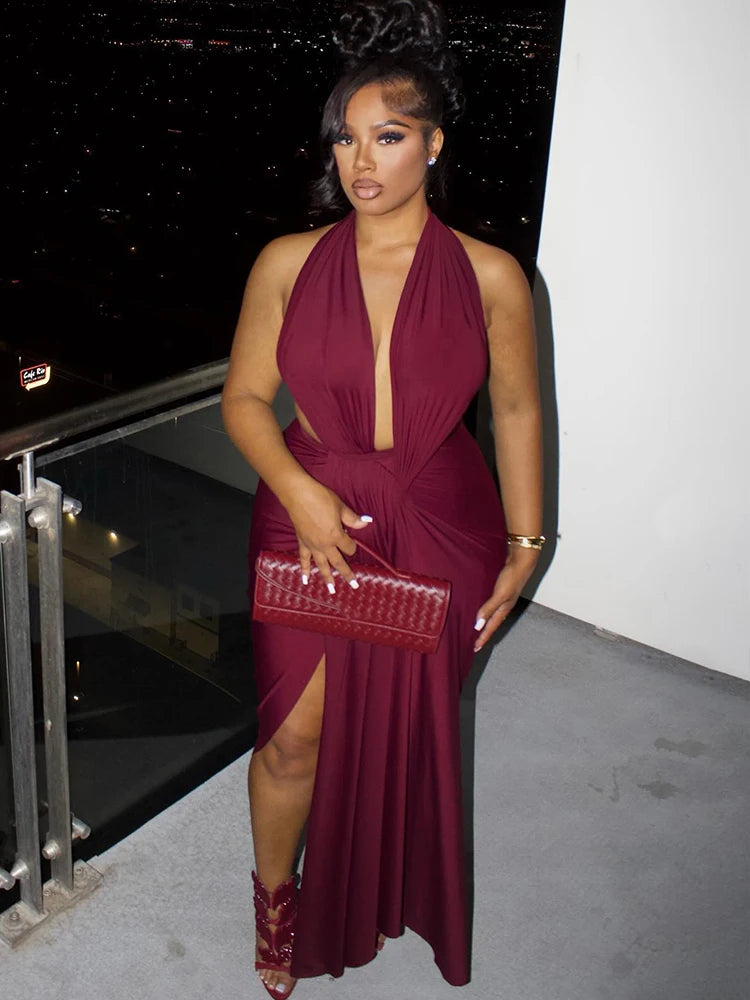 Nibber Irregular Hem Women Maxi Dress High Split Halter Deep V-neck Backless Folds Sexy Midnight Hipster Wild Clubwear Vestidos