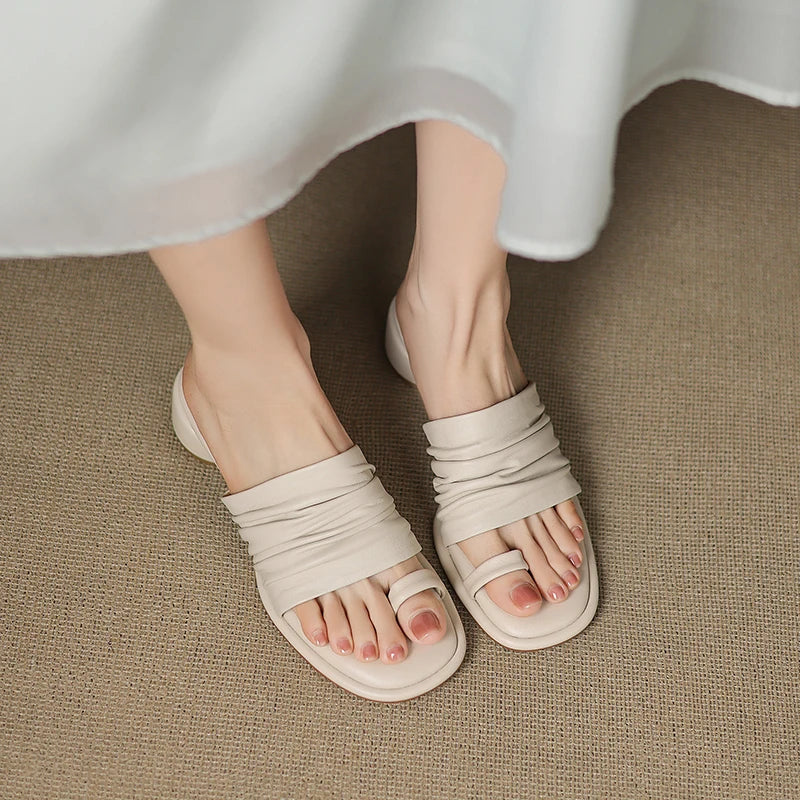 2025 NEW Summer Women Mules Genuine Leather Shoes for Women Open Toe Med Heel Shoes Slippers Pleated Modern Sandals