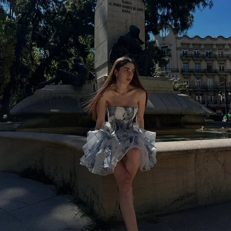 Chic Elegant Floral Printed Mini Dress Women Backless Sleeveless A Line Strapless Robes Pleated Hem Party Vestidos Lady Clorhing