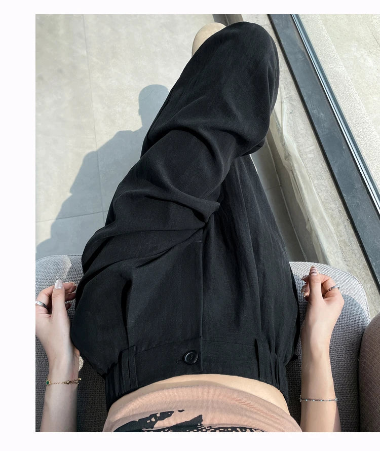 2025 Summer New Cotton and Linen Women's Wide Leg Pants Solid Ice Silk High Waist Straight Casual Loose Suit Trousers Female