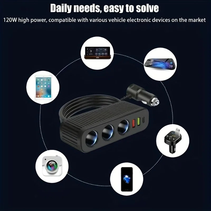 PD 120W Fast Charger 12V/24V Dual USB Quick Charge Power Adapter Charger One-to-four Multifunctional Socket Car Charger