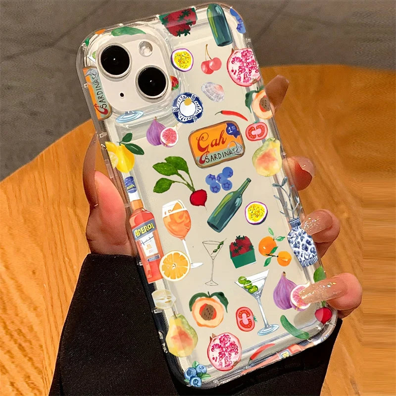 Transparent Fruit Juice Flower Pattern Phone Case For iPhone 17 16 14 11 12 13 15 Pro Max 14 Plus 17 Air Shock-Absorbing Cover