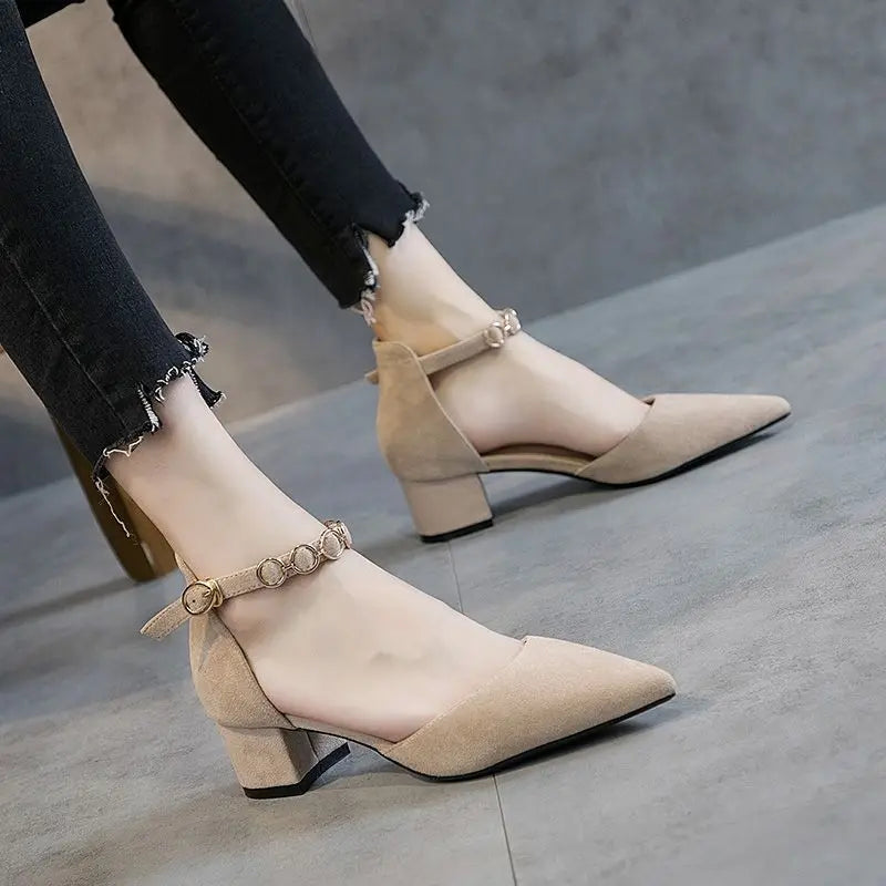 Small Size 31-34 Fashion Closed Toe Sandals Low Heeled Woman Ankle Strap Shoes Pointed Thick Heel Sandalias De Mujer Ladies Shoe
