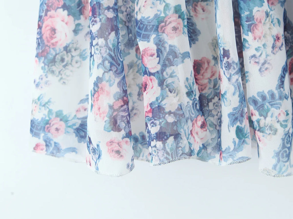 YENKYE Boho Blue Floral Print Mini Dress Women Puff Sleeve Lace Spliced A-line Beach Holiday Summer Dresses 2025 Short Robe