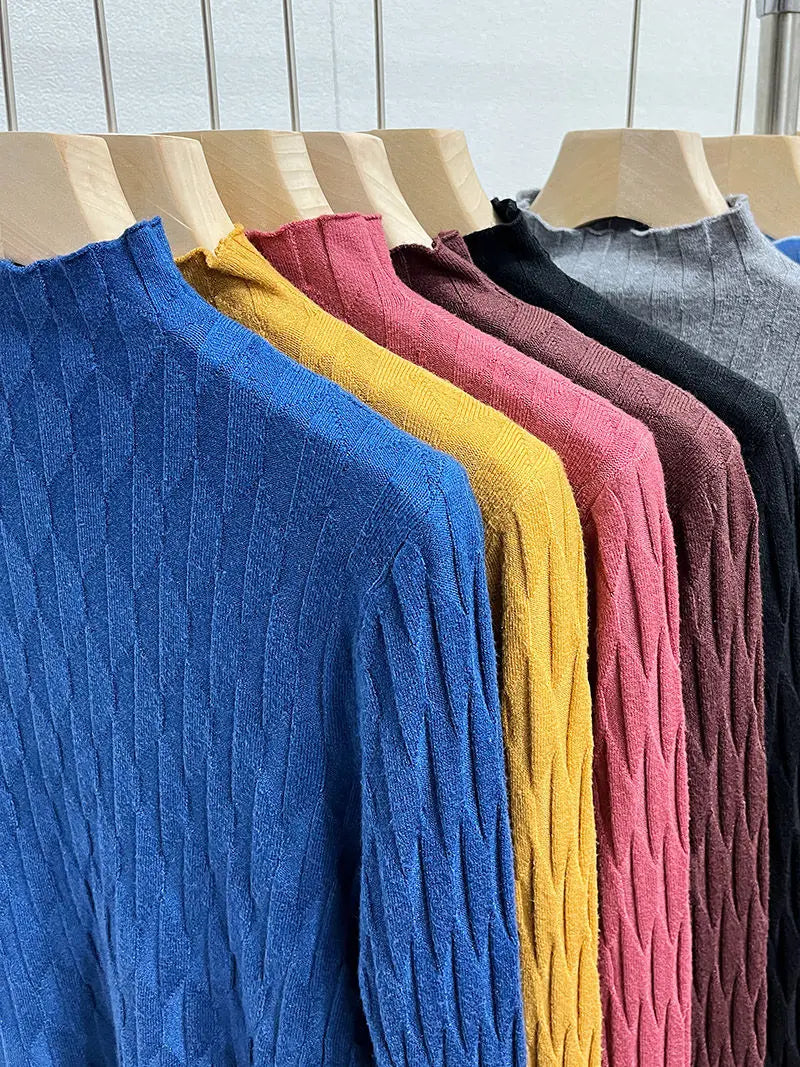 2025 Slim Fit Knitted Base Pullovers Autumn Winter Turtleneck Sweater Women's Solid Long Sleeve Casual Ruched Sweater