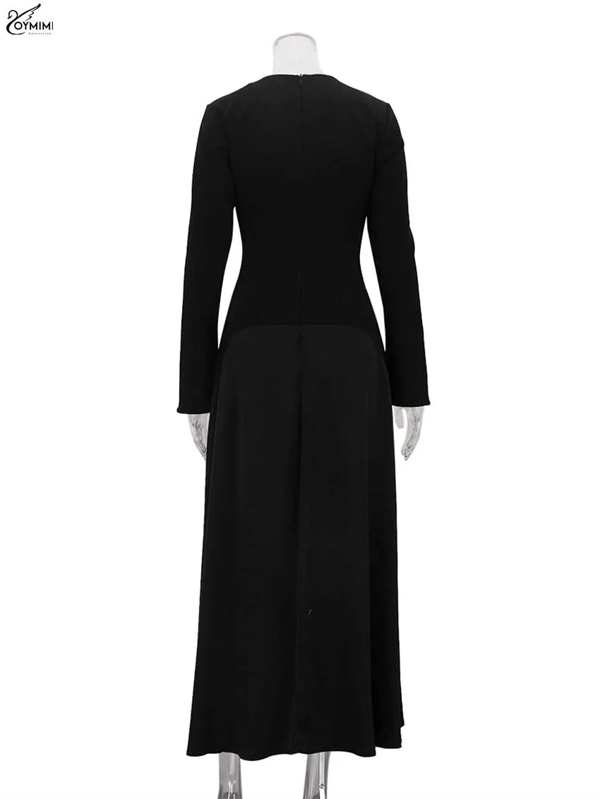 Oymimi Elegant Black O-Neck Womens Dresses Fashion Long Sleeve Patchwork Slim Dresses Casual New Straight Ankle-Length Dress
