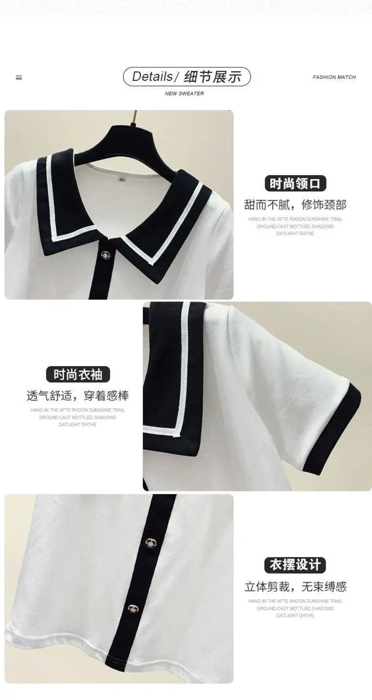 Summer Elegant Loose Polo-neck Knit Pullover Women Fashion Patchwork Button Short Sleeve T-shirt Office Lady Chic Tops 40-100Kg