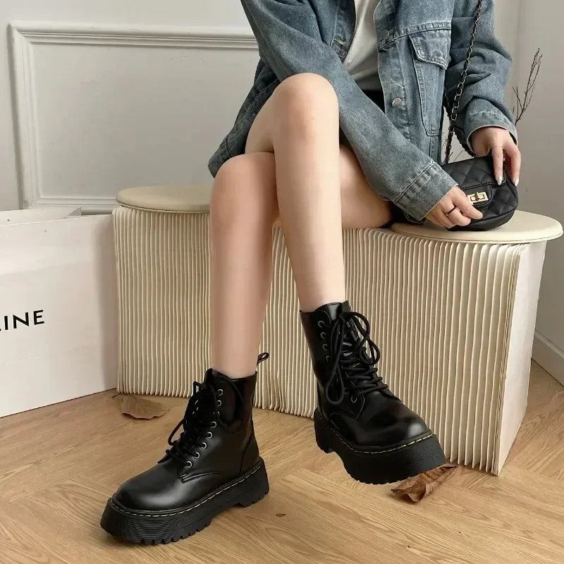 Women Ankle Boots Casual Shoes Female Leather Chelsea Boot Ladies Classic Punk Woman Goth Shoes High Platform Boots Women Black