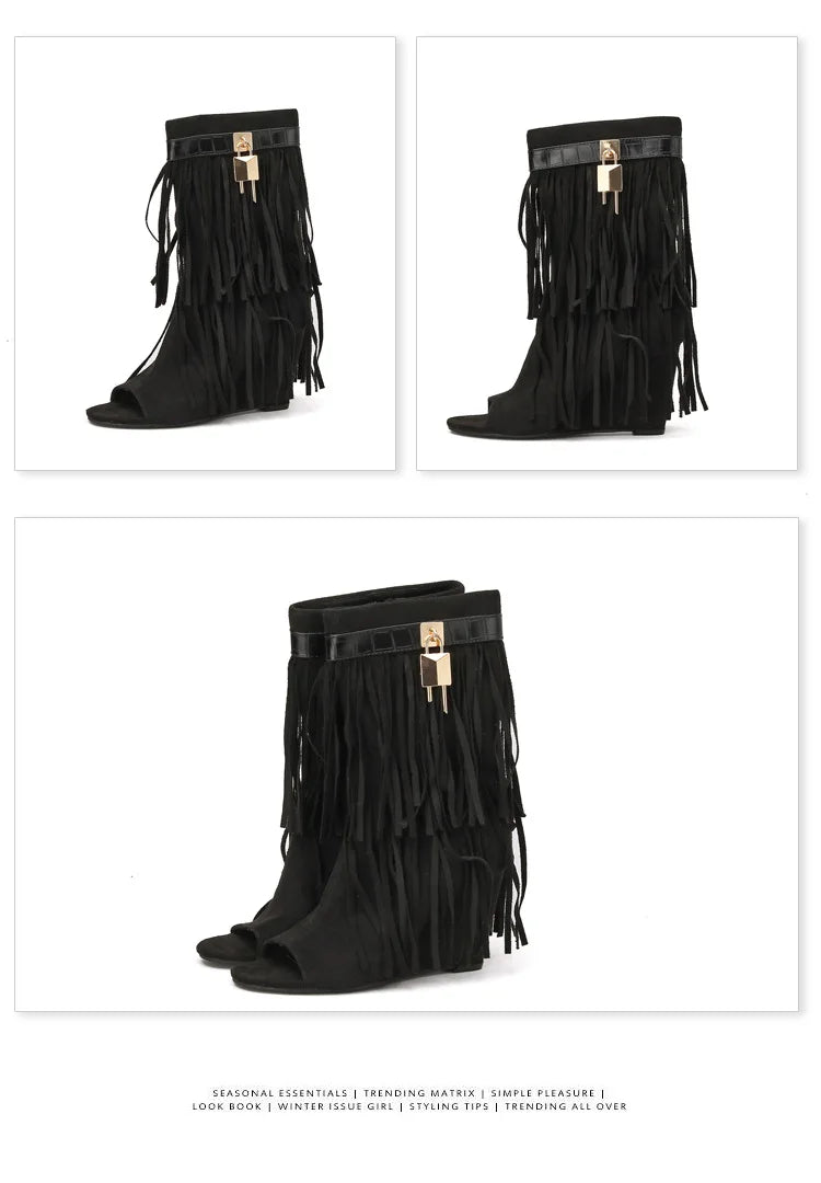 Designer Fringe Wedges Boot Sandals Woman High Heels Open Toe Party Prom Shoes 2025 Sexy Zipper Female Pumps Women Boots