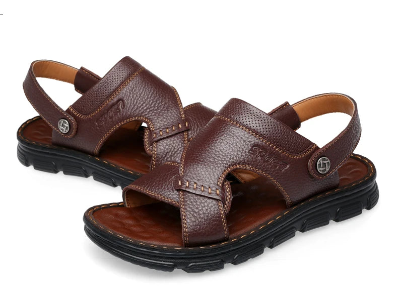 LAORENTOU cowhide breathable outdoor leisure beach shoes, anti slip thick sole leather sandals for external wear