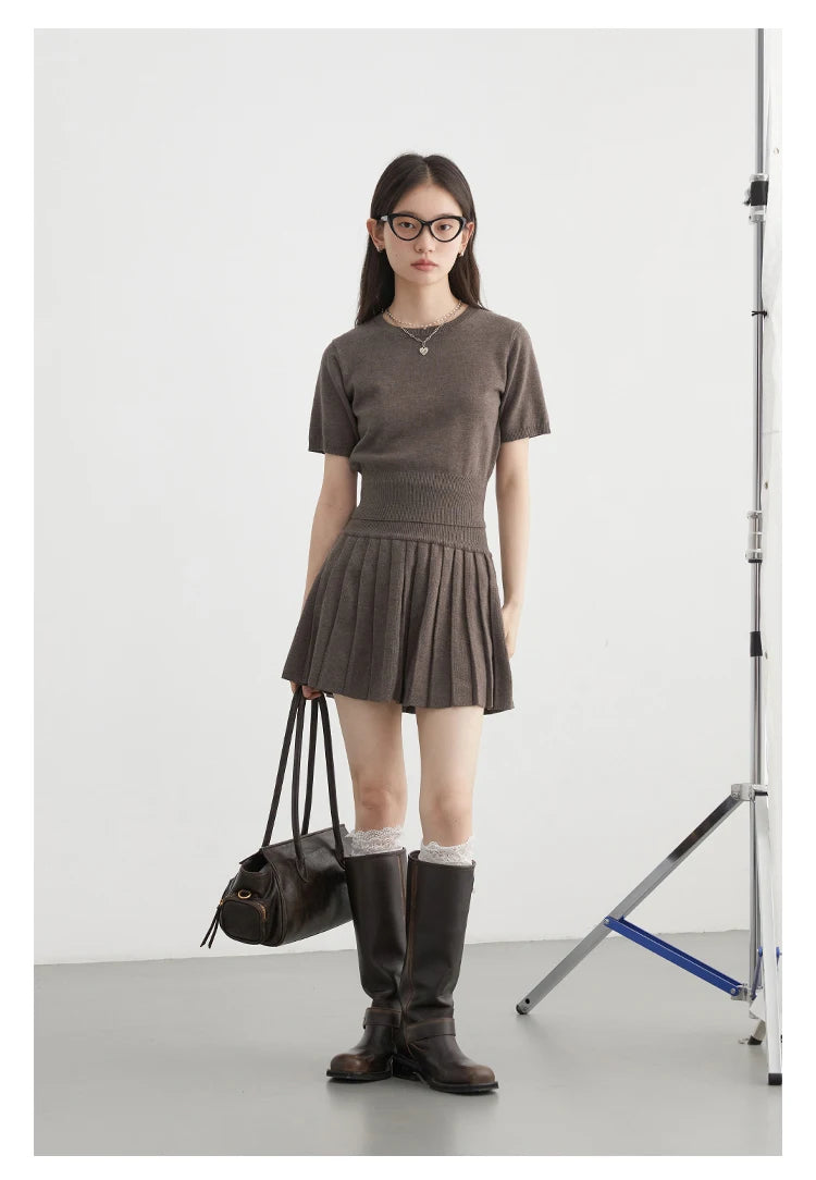 CHIC VEN Women Skirt Sets Solid Knitted Cardigan Short Sleeved Top Female Pleated Skirt Three Piece Optional Spring Autumn 2024