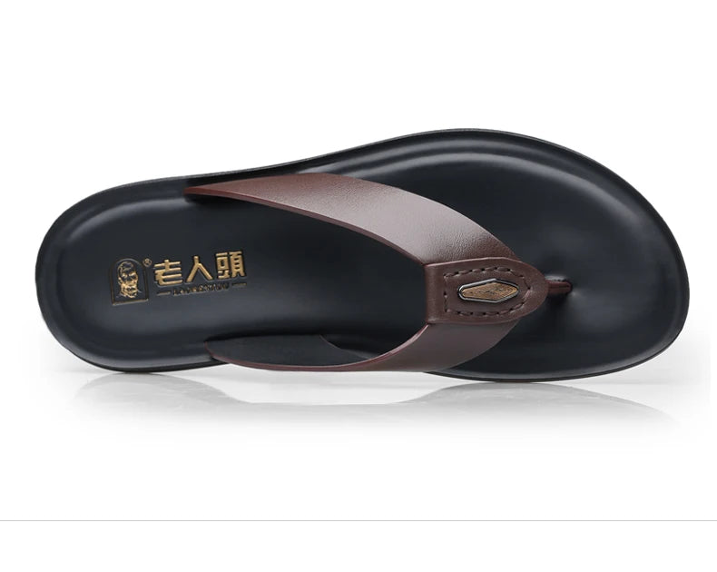 LAORENTOU slippers, men's genuine leather, Korean version, clip on flip flops, men's sandals, cowhide soft sole, anti slip