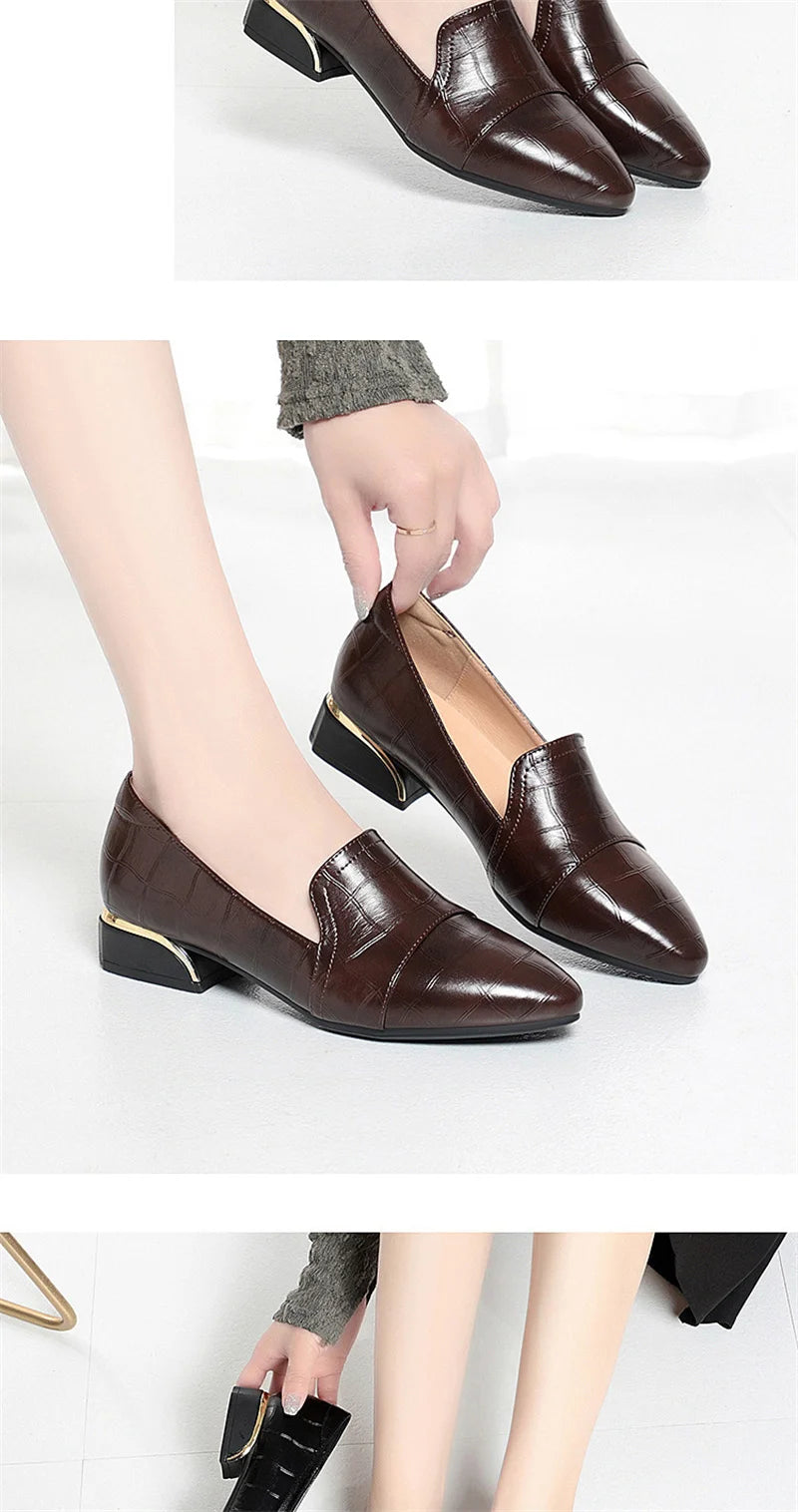Mom Shoes Spring And Autumn Women's Leather Shoes Thick Heels Work Women's Shoes Comfortable Soft Sole Single Shoes Work Shoes