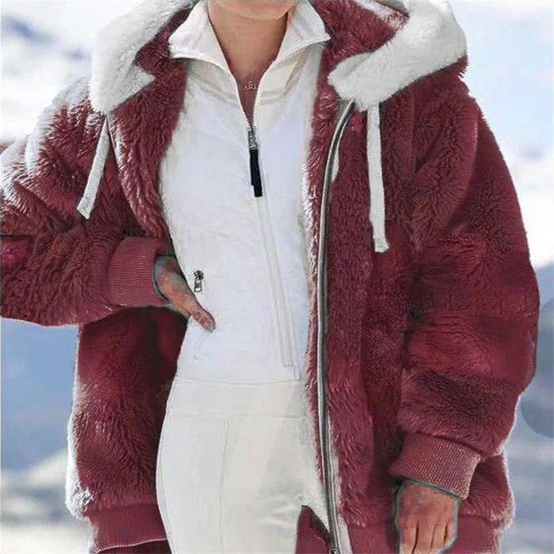 Women Winter Warm Faux Fur Jacket Plush Coat New Casual Hooded Fashion Zipper Soft Fleece Cashmere Jackets Female Thick Clothing