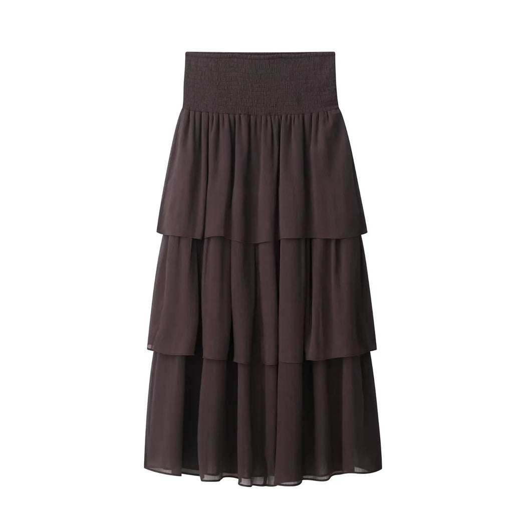 New High Street Women Brown Ruffled Pleated Midi Skirt High Elastic Waist Female Chic Lady Long Skirts