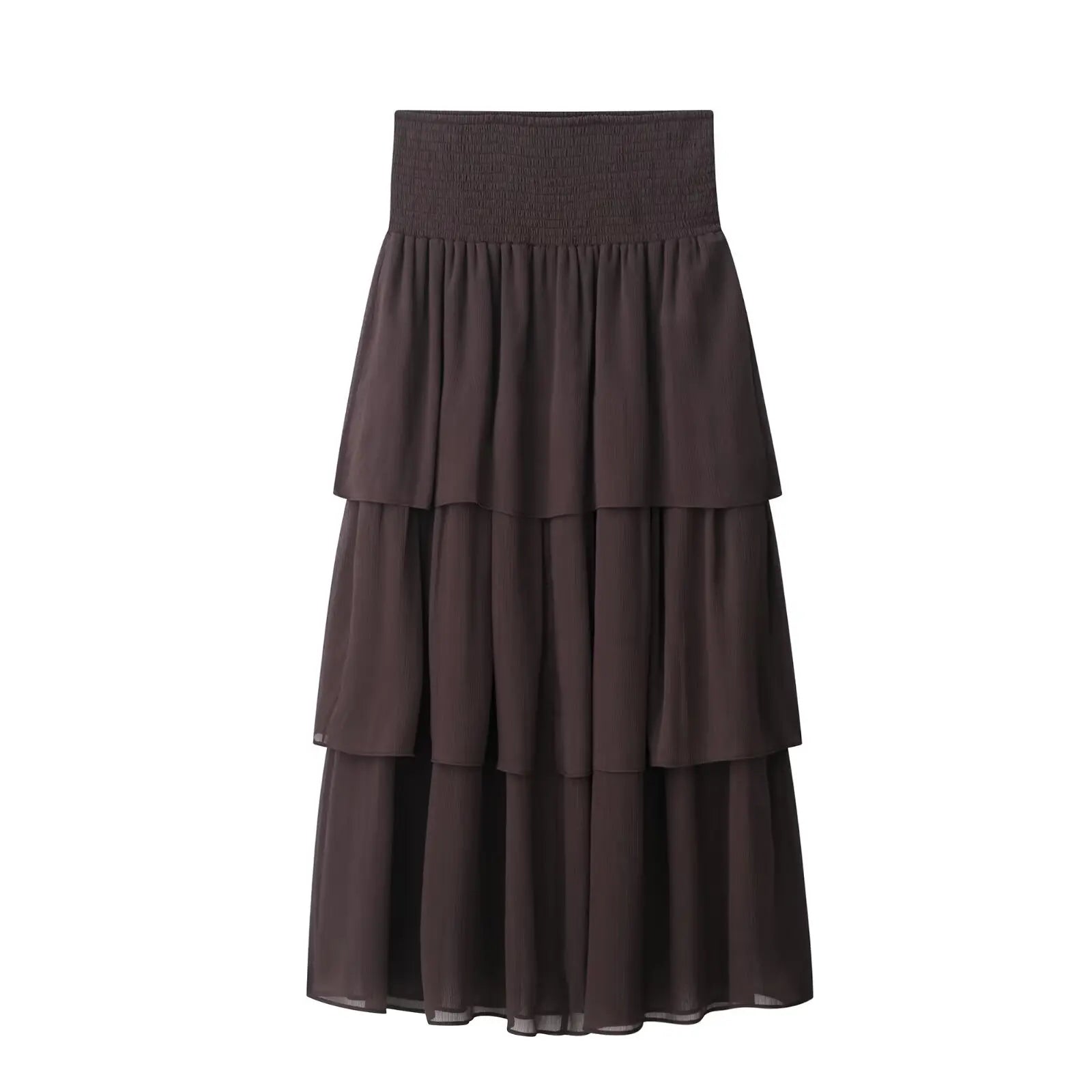 New High Street Women Brown Ruffled Pleated Midi Skirt High Elastic Waist Female Chic Lady Long Skirts