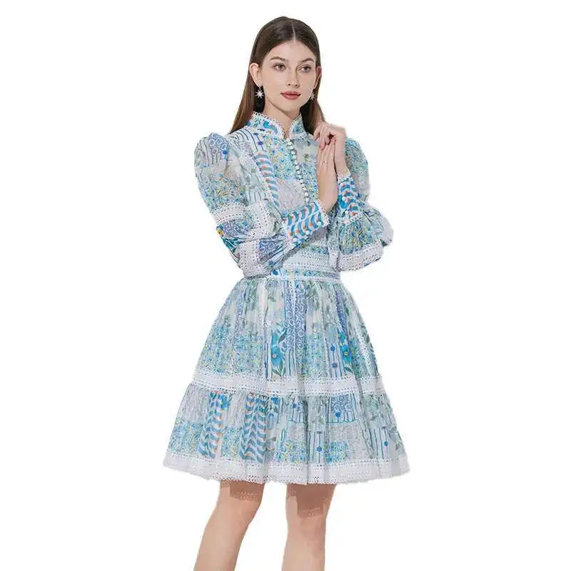 Elegant Long Sleeve Floral Short Dresses Shirt For Women Summer Autumn Holiday Hollow Out Printed Party Dress
