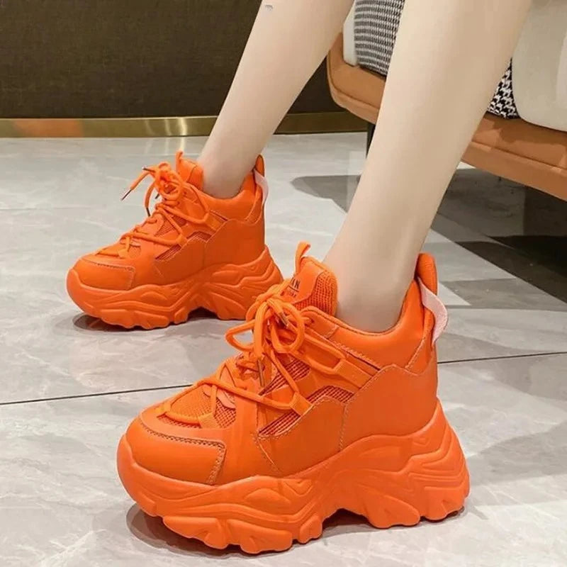 Autumn Orange Platform Sneakers Thick Sole Wedge Heels Women Casual Shoes Lace-up Slip On 2025 Ladies Height Increasing Shoes