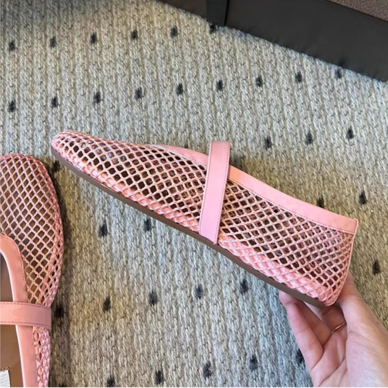Mesh Buckle Ballet Shoes For Women, High Version 2025 Fairy Hollow Flat Bottom Pink Fishing Net, Mary Jane Single Shoe