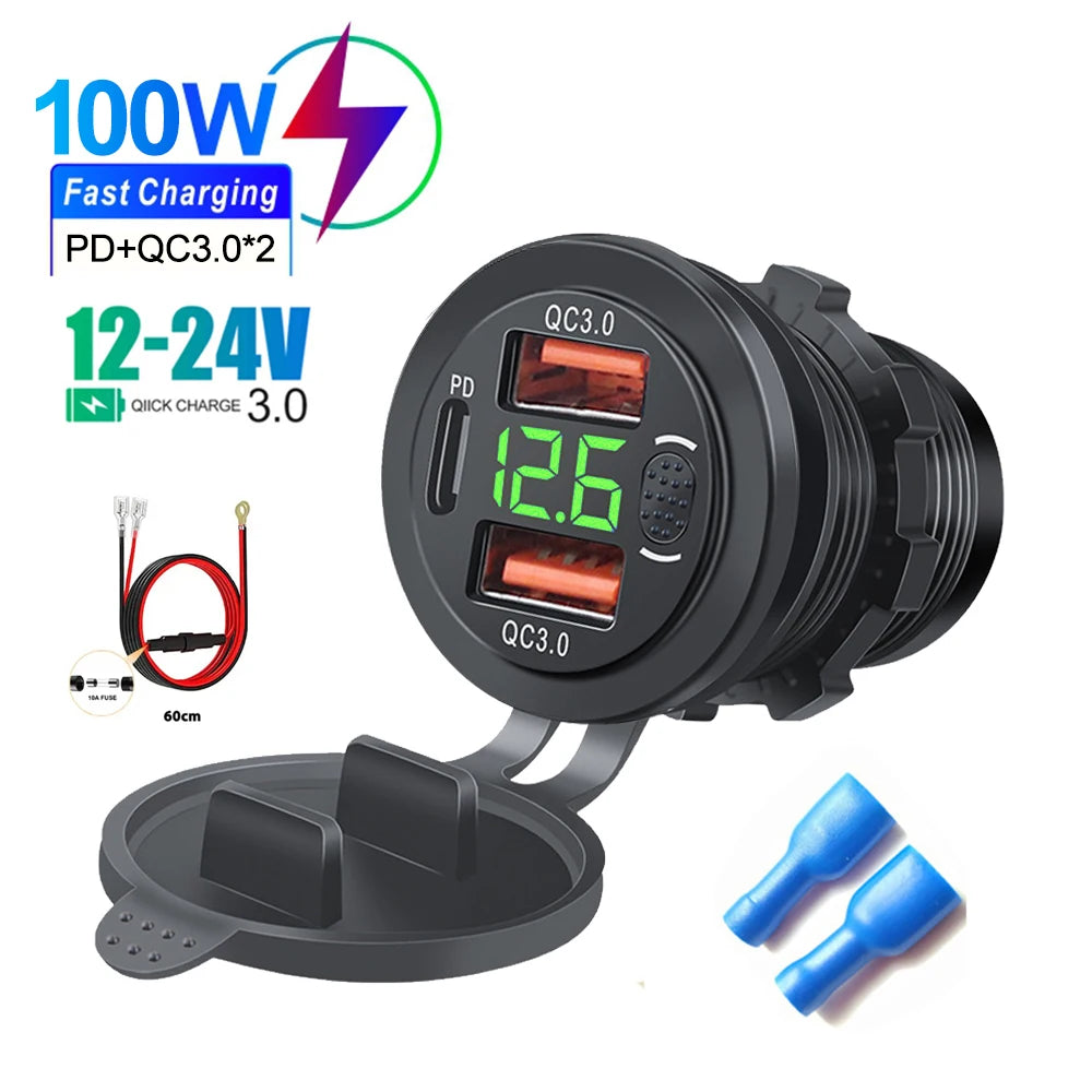 100W USB Outlet Car Charger Dual QC3.0 & PD 3 Ports USB C Socket with Voltmeter Touch Switch for Car Boat Marine Truck RV