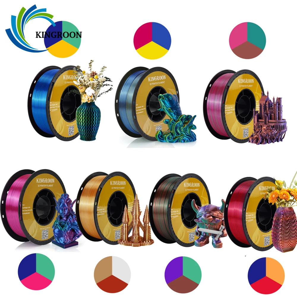 KINGROON Silk Tricolor PLA Filament 3D Printer 1.75mm 2.2 /8.8 lbs Silk PLA Filament Plastic Materials 3D Printing Special Color