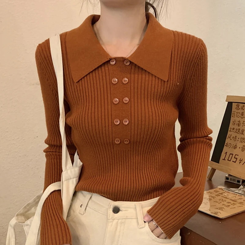 Turn-Down Collar Ribbed Pullover Sweater Women Autumn Winter Slim Long Sleeve Soft Warm Sweaters Ladies Knitted Tops
