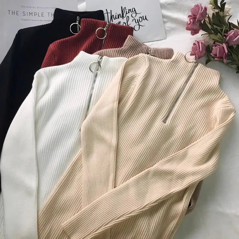Autumn Winter Turtleneck Women Sweater Long Sleeve Zipper Neckline Knitted Pullover Female Sweater Slim Basic Knitted Jumpers