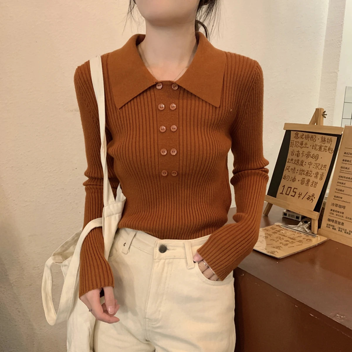 Turn-Down Collar Ribbed Pullover Sweater Women Autumn Winter Slim Long Sleeve Soft Warm Sweaters Ladies Knitted Tops