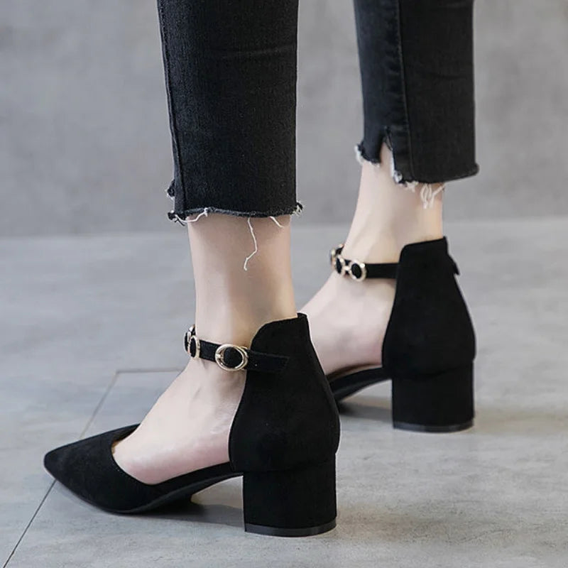 Small Size 31-34 Fashion Closed Toe Sandals Low Heeled Woman Ankle Strap Shoes Pointed Thick Heel Sandalias De Mujer Ladies Shoe