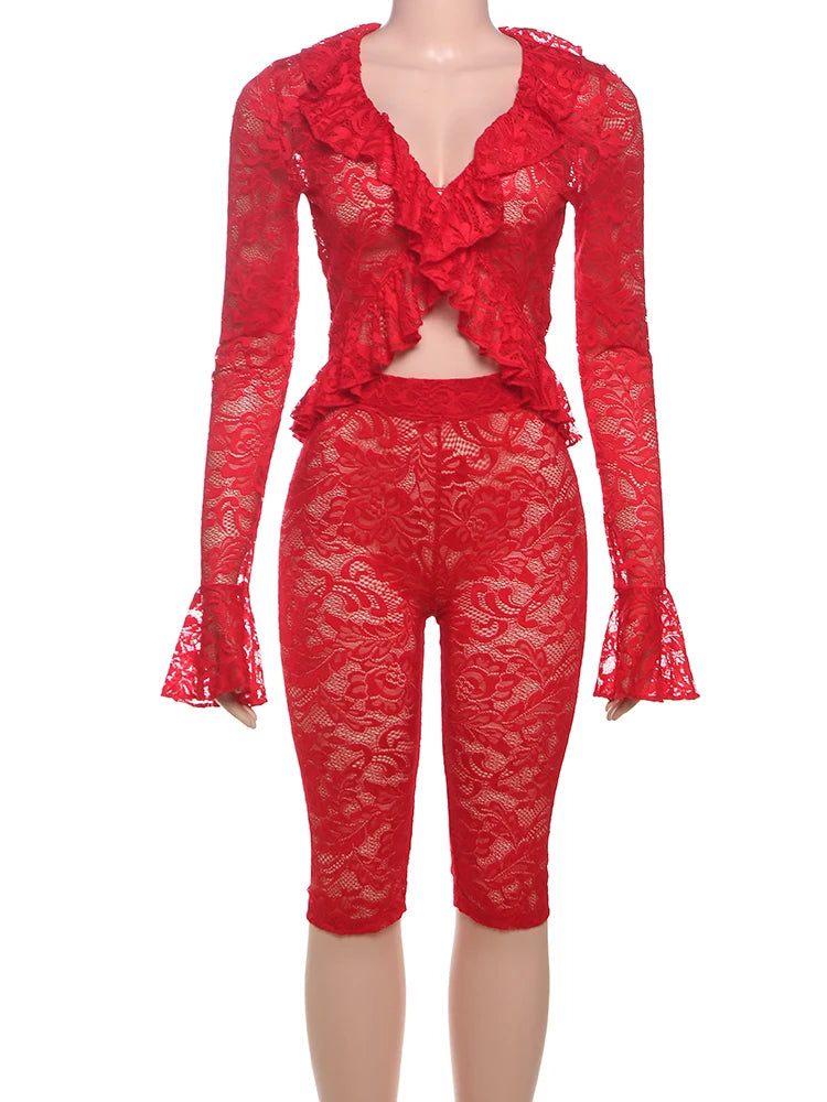 Weird Puss Jacquard Sexy Women 2 Piece Set Coquette Full Sleeve Ruffles Crop Tops+Bike Shorts Matching Clubwear Summer Outfits