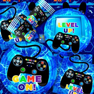 Gamer Birthday Decorations Blue, 65pcs Gaming Party Tableware Set - Game Themed Party Plate Cups Napkins Tablecloth etc