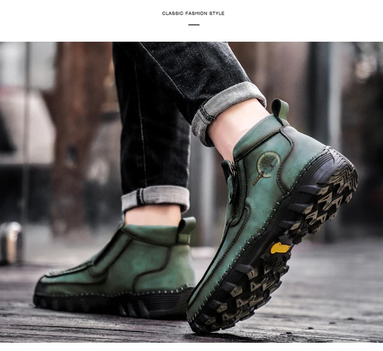 Men Boots Autumn Winter New Handmade High-top Casual Shoes Outdoor Non-slip Hiking Men Shoes Zipper Ankle Boots Plus Size 38-48